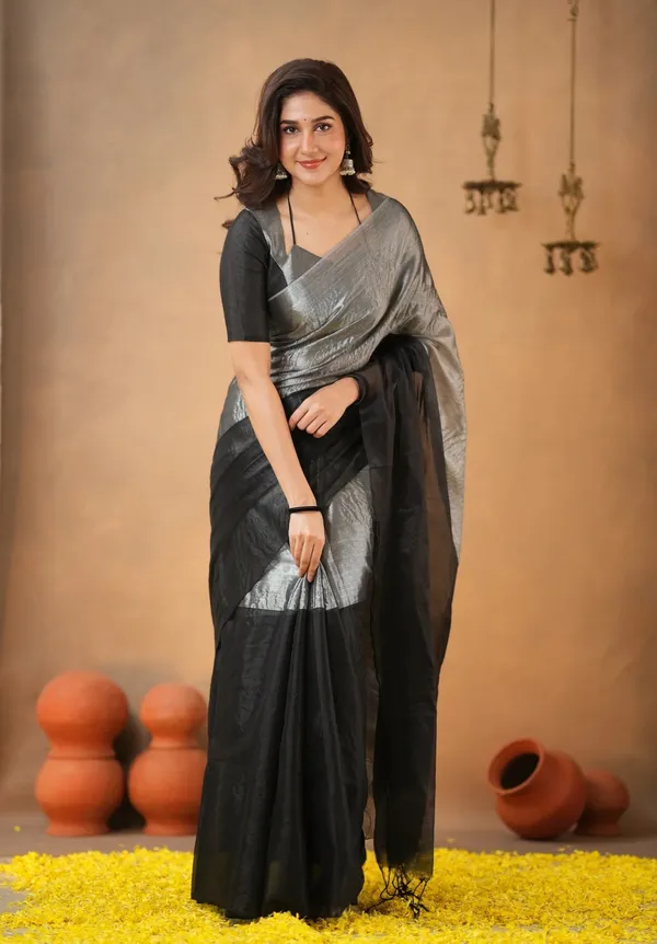 Black_&_Silver_Tissue_Cotton_Saree_with_Blouse_Piece