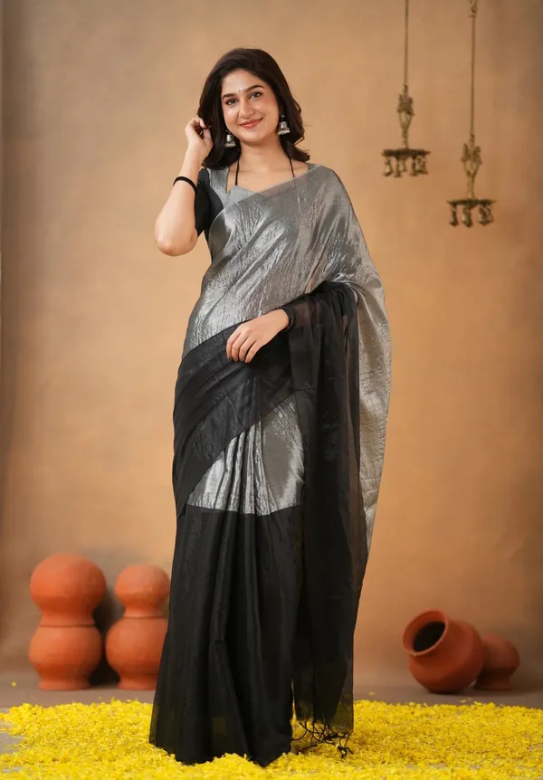 Black_&_Silver_Tissue_Cotton_Saree_with_Blouse_Piece
