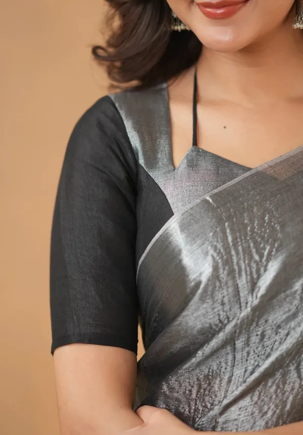 Black_&_Silver_Tissue_Cotton_Saree_with_Blouse_Piece