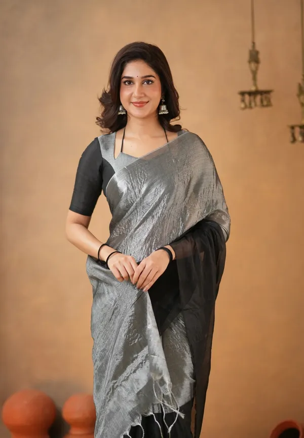 Black_&_Silver_Tissue_Cotton_Saree_with_Blouse_Piece