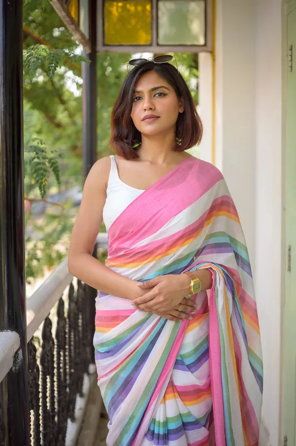 Pink_Mulmul_Cotton_Saree_with_Multicolor_Striped_Pallu_&_Matching_Pink_Blouse_Piece