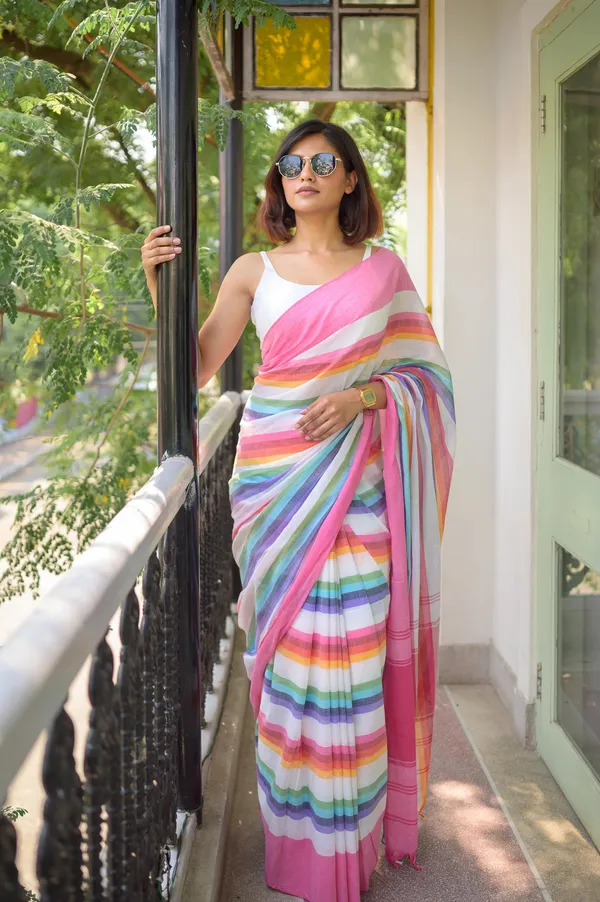 Pink_Mulmul_Cotton_Saree_with_Multicolor_Striped_Pallu_&_Matching_Pink_Blouse_Piece