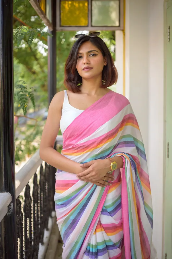 Pink_Mulmul_Cotton_Saree_with_Multicolor_Striped_Pallu_&_Matching_Pink_Blouse_Piece