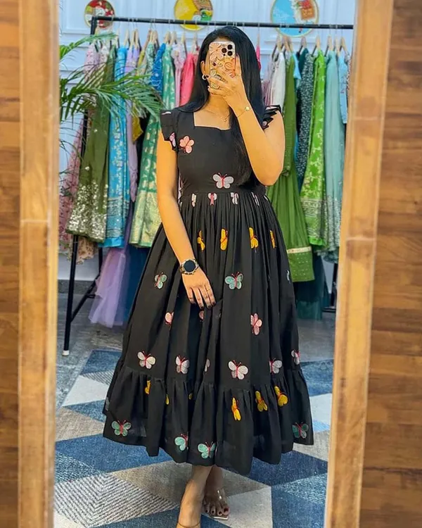 Black_Pure_Cotton_One_Piece_Dress_Fully_Stitched_-_Butterfly_Design_Ready_To_Wear_For_Women