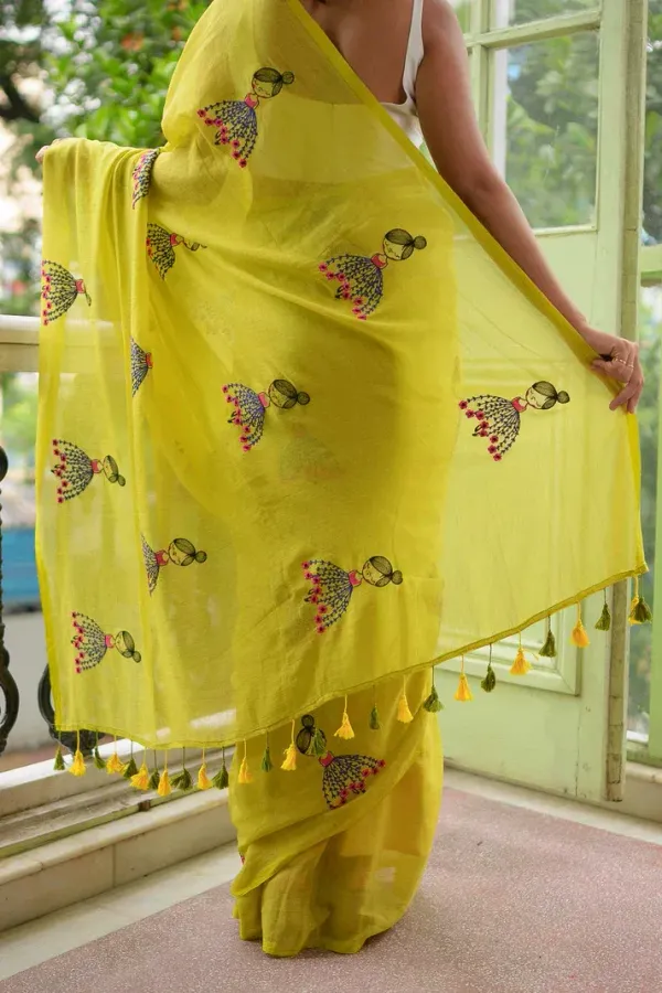 Yellow_Mulmul_Cotton_Saree_with_Cute_Embroidery_Motifs_&_Tassels,_with_Blouse_Piece