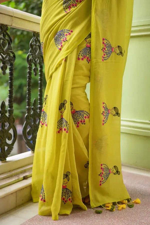Yellow_Mulmul_Cotton_Saree_with_Cute_Embroidery_Motifs_&_Tassels,_with_Blouse_Piece
