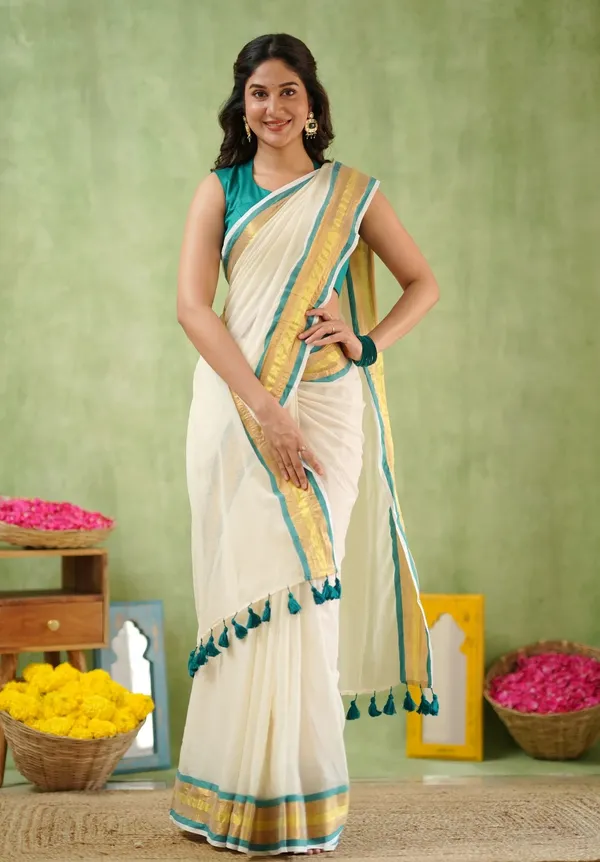 White_Mulmul_Cotton_Saree_with_Teal_&_Gold_Border_&_Matching_Teal_Blouse_Piece