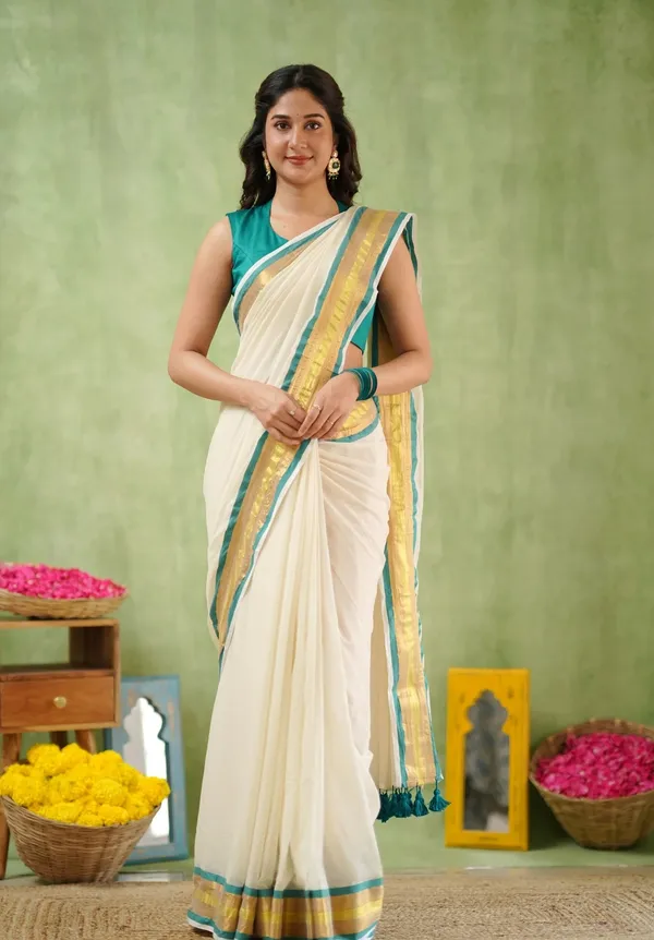 White_Mulmul_Cotton_Saree_with_Teal_&_Gold_Border_&_Matching_Teal_Blouse_Piece