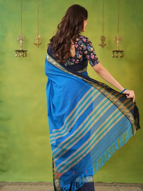 Royal_Blue_Mulmul_Cotton_Saree_with_Navy_Border_&_Elephant_Weave,_with_Blouse_Piece