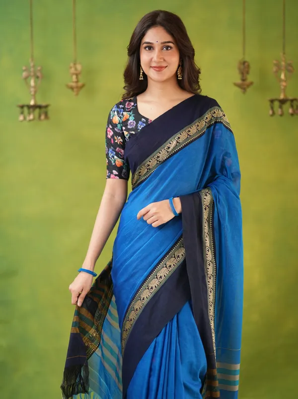 Royal_Blue_Mulmul_Cotton_Saree_with_Navy_Border_&_Elephant_Weave,_with_Blouse_Piece