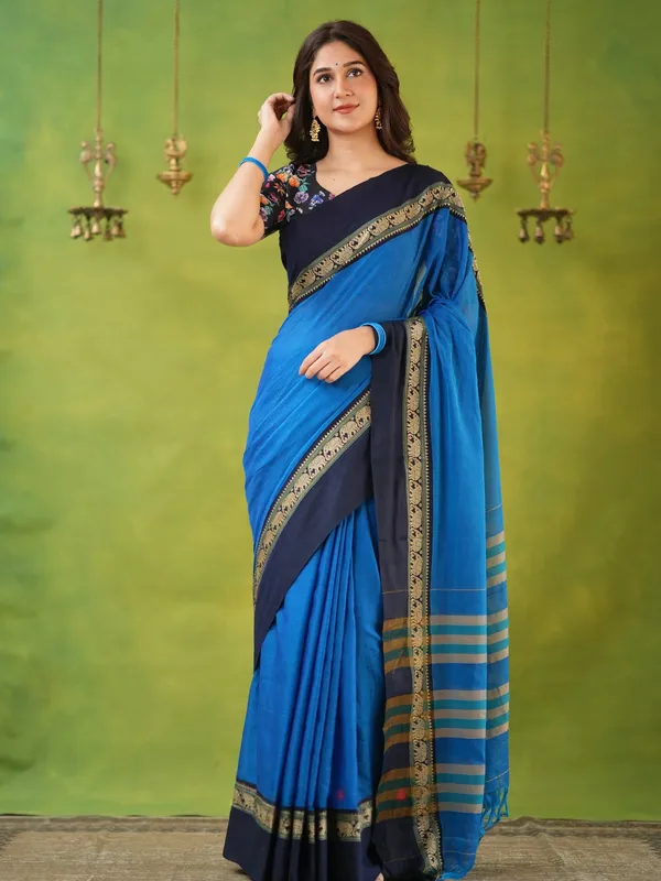 Royal_Blue_Mulmul_Cotton_Saree_with_Navy_Border_&_Elephant_Weave,_with_Blouse_Piece