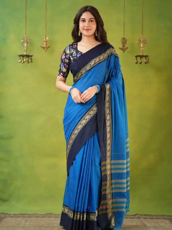 Royal_Blue_Mulmul_Cotton_Saree_with_Navy_Border_&_Elephant_Weave,_with_Blouse_Piece
