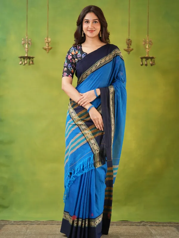 Royal_Blue_Mulmul_Cotton_Saree_with_Navy_Border_&_Elephant_Weave,_with_Blouse_Piece