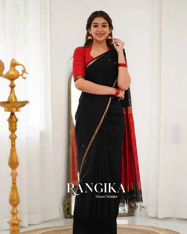 Black_Color_Premium_Cotton_Silk_Saree_With_Classy_Blouse_and_tassels