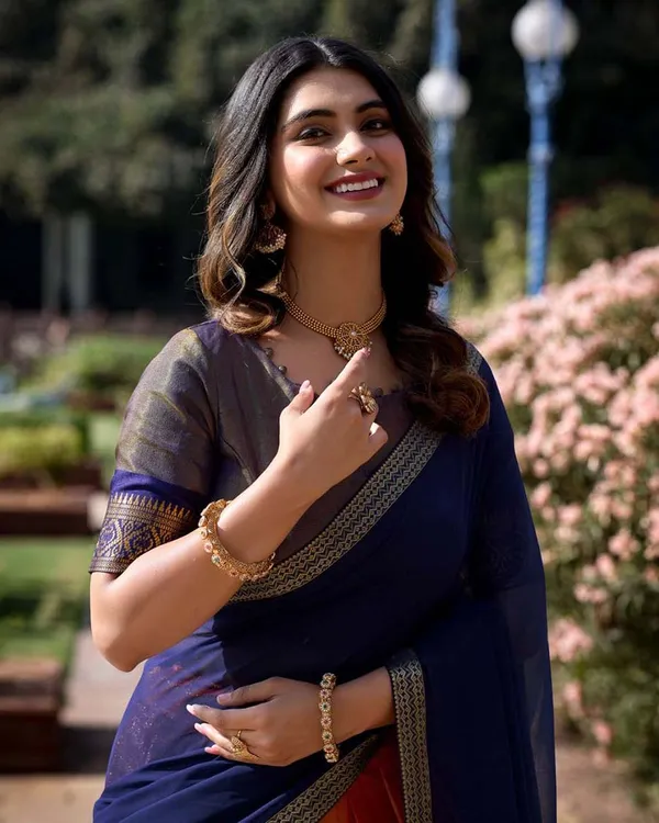 Saffron_And_Navy_Blue_Kanchipuram_Zari_Weaving_Half_Saree_With_Blouse___Silk_Dupatta