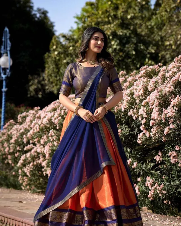Saffron_And_Navy_Blue_Kanchipuram_Zari_Weaving_Half_Saree_With_Blouse___Silk_Dupatta