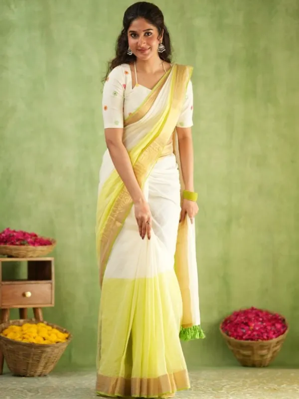 White_&_Light_Yellow_Mulmul_Cotton_Saree_with_Golden_Woven_Border_&_Matching_White_Blouse_Piece
