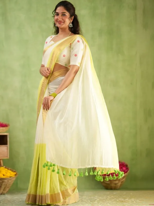 White_&_Light_Yellow_Mulmul_Cotton_Saree_with_Golden_Woven_Border_&_Matching_White_Blouse_Piece