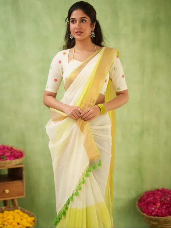 White_&_Light_Yellow_Mulmul_Cotton_Saree_with_Golden_Woven_Border_&_Matching_White_Blouse_Piece