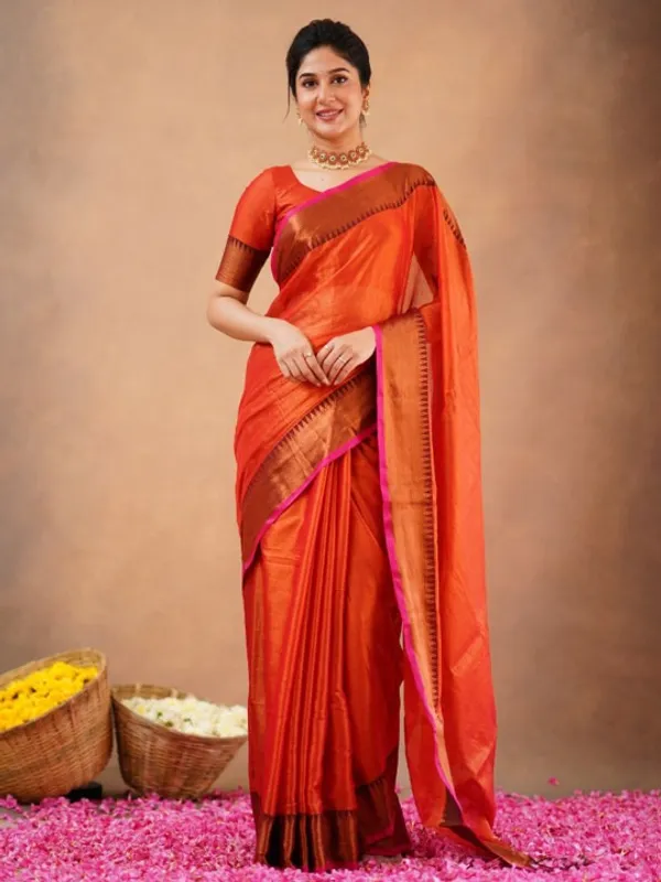 Rust_Orange_Tissue_Cotton_Saree_with_Copper_Border_&_Blouse_Piece