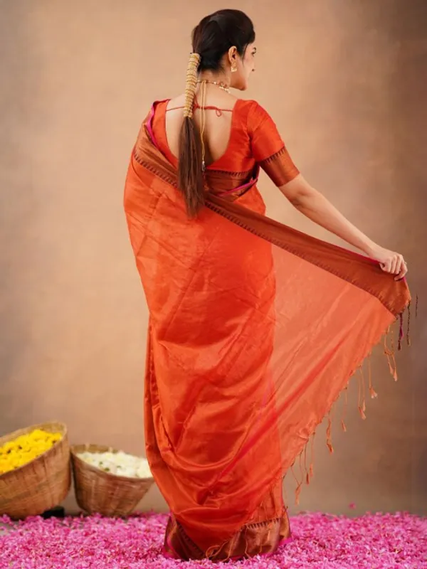 Rust_Orange_Tissue_Cotton_Saree_with_Copper_Border_&_Blouse_Piece