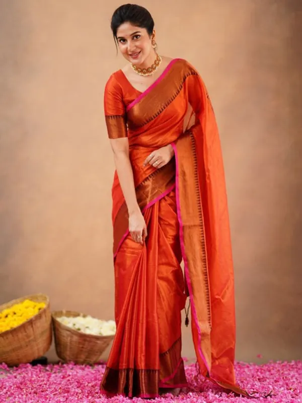 Rust_Orange_Tissue_Cotton_Saree_with_Copper_Border_&_Blouse_Piece