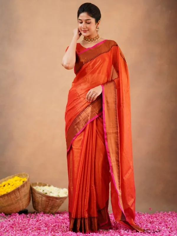 Rust_Orange_Tissue_Cotton_Saree_with_Copper_Border_&_Blouse_Piece