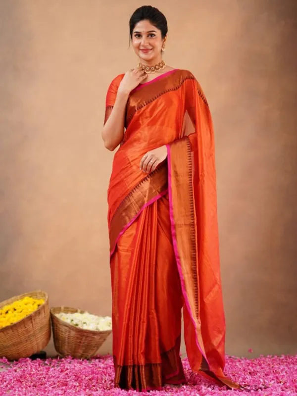 Rust_Orange_Tissue_Cotton_Saree_with_Copper_Border_&_Blouse_Piece