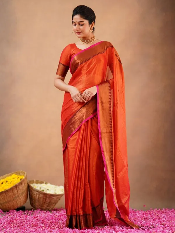 Rust_Orange_Tissue_Cotton_Saree_with_Copper_Border_&_Blouse_Piece