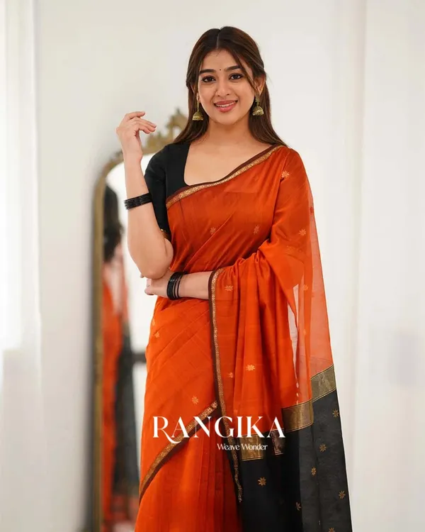 Saffron_Color_Premium_Cotton_Silk_Saree_With_Classy_Blouse_and_tassels