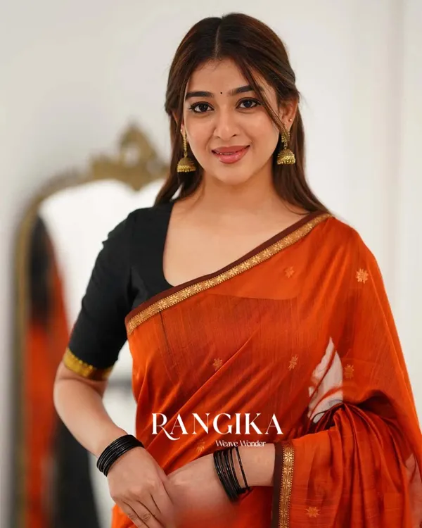 Saffron_Color_Premium_Cotton_Silk_Saree_With_Classy_Blouse_and_tassels