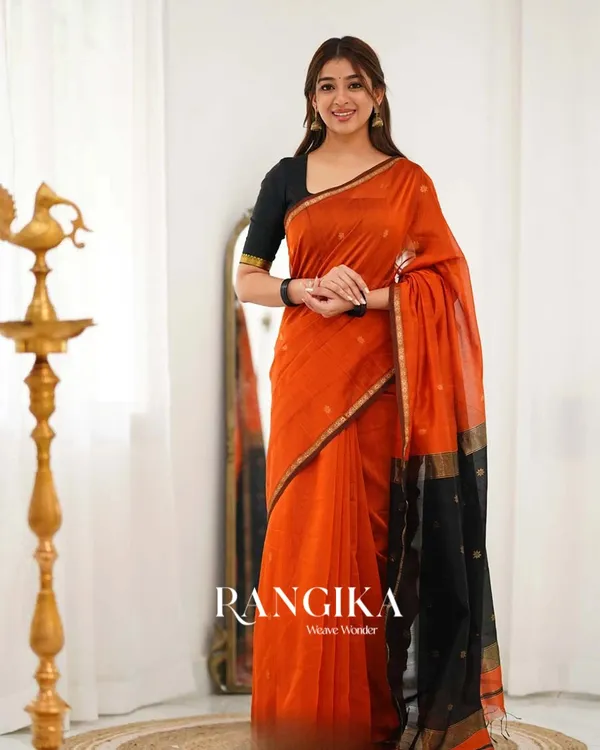 Saffron_Color_Premium_Cotton_Silk_Saree_With_Classy_Blouse_and_tassels
