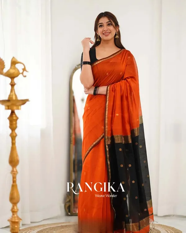 Saffron_Color_Premium_Cotton_Silk_Saree_With_Classy_Blouse_and_tassels