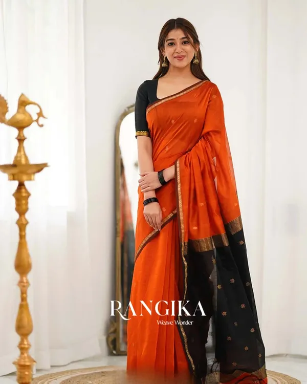 Saffron_Color_Premium_Cotton_Silk_Saree_With_Classy_Blouse_and_tassels