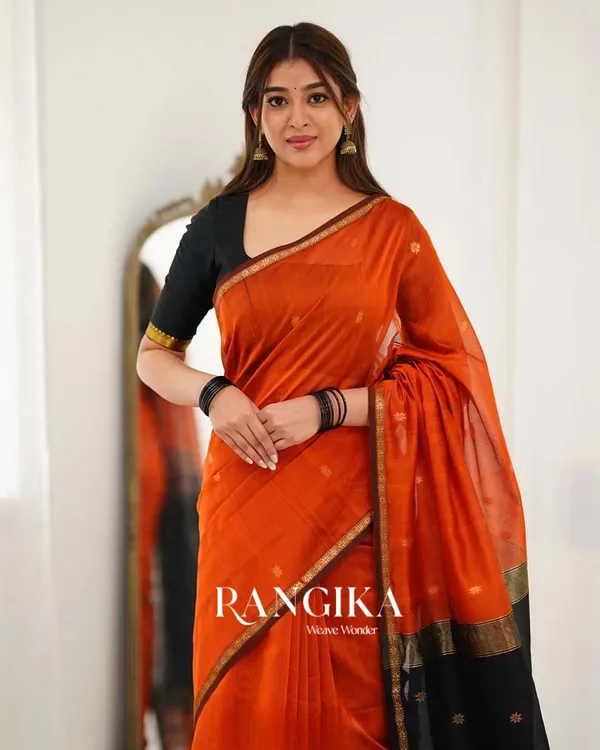 Saffron_Color_Premium_Cotton_Silk_Saree_With_Classy_Blouse_and_tassels