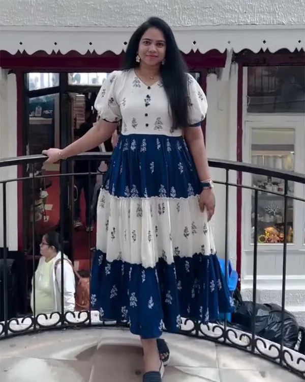 White_And_Navy_Blue_Pure_Cotton_One_Piece_Gown_Fully_Stitched_-_Gown_Ready_To_Wear_For_Women
