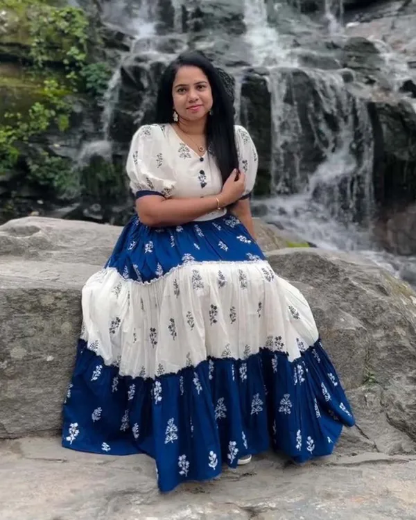 White_And_Navy_Blue_Pure_Cotton_One_Piece_Gown_Fully_Stitched_-_Gown_Ready_To_Wear_For_Women