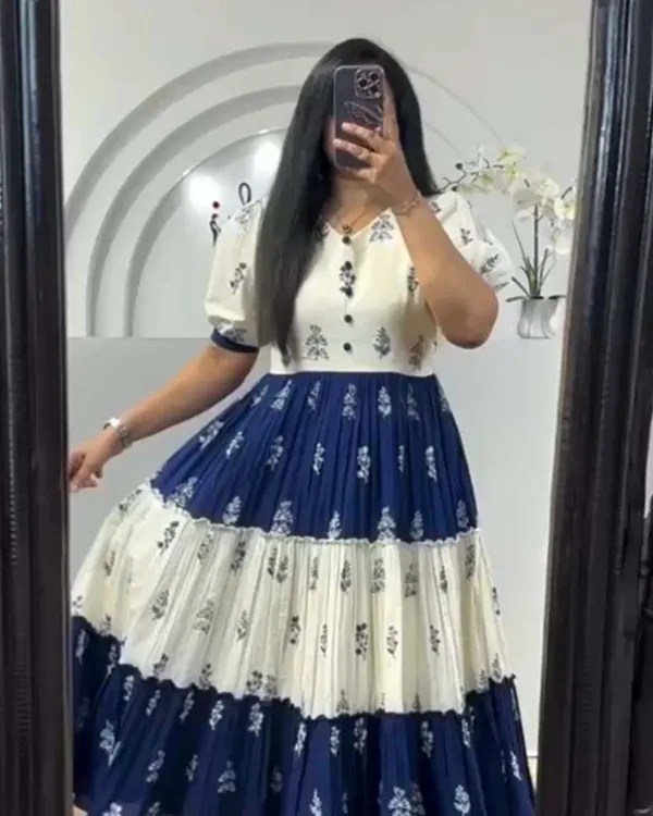 White_And_Navy_Blue_Pure_Cotton_One_Piece_Gown_Fully_Stitched_-_Gown_Ready_To_Wear_For_Women
