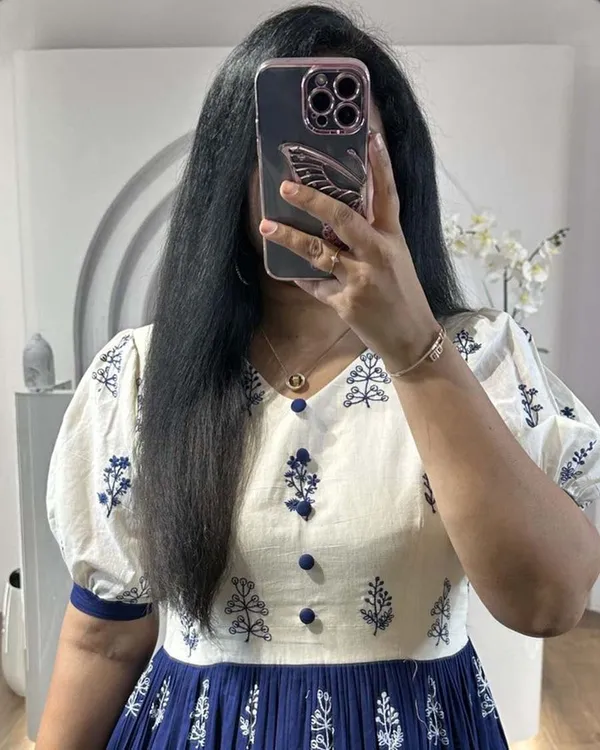 White_And_Navy_Blue_Pure_Cotton_One_Piece_Gown_Fully_Stitched_-_Gown_Ready_To_Wear_For_Women