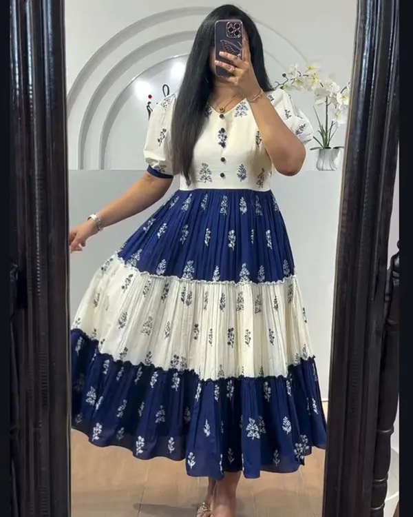 White_And_Navy_Blue_Pure_Cotton_One_Piece_Gown_Fully_Stitched_-_Gown_Ready_To_Wear_For_Women
