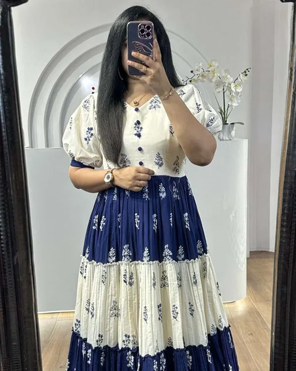 White_And_Navy_Blue_Pure_Cotton_One_Piece_Gown_Fully_Stitched_-_Gown_Ready_To_Wear_For_Women