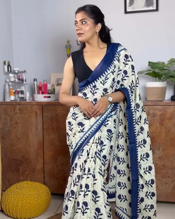 Safed_Neel_-_White_Linen_Drape_with_Blue_Border_and_Black_Blouse_Fabric
