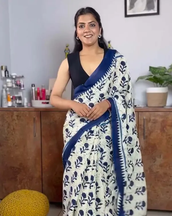 Safed_Neel_-_White_Linen_Drape_with_Blue_Border_and_Black_Blouse_Fabric