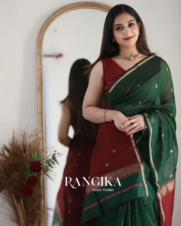 Green_Color_Premium_Cotton_Silk_Saree_With_Classy_Red_Blouse_and_tassels