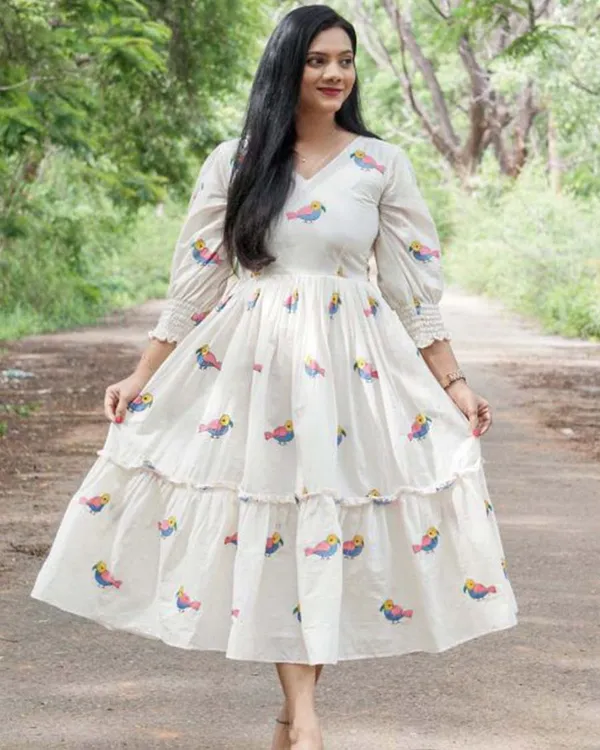 White_Pure_Cotton_One_Piece_Dress_Fully_Stitched_-_Chakli_Design_Ready_To_Wear_For_Women