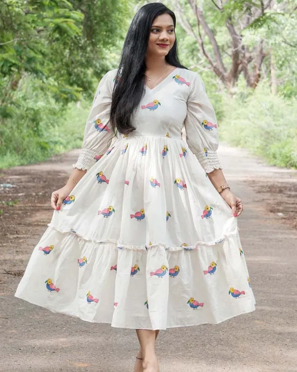 White_Pure_Cotton_One_Piece_Dress_Fully_Stitched_-_Chakli_Design_Ready_To_Wear_For_Women