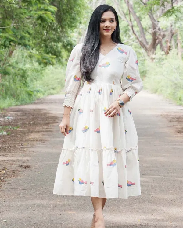 White_Pure_Cotton_One_Piece_Dress_Fully_Stitched_-_Chakli_Design_Ready_To_Wear_For_Women