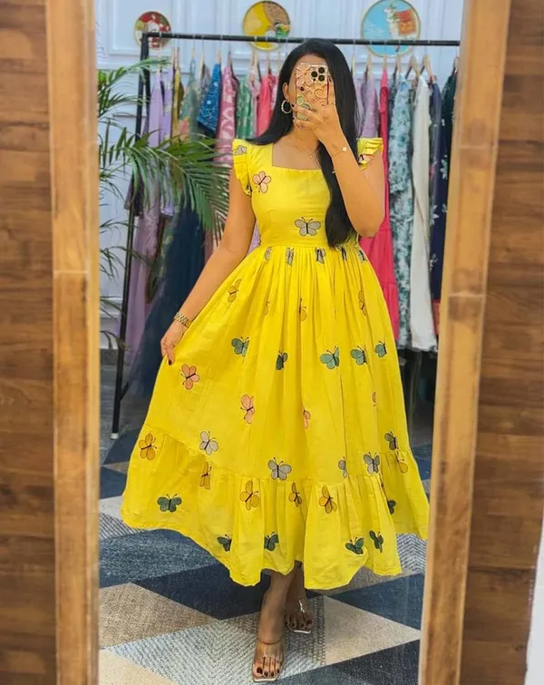 Yellow_Pure_Cotton_One_Piece_Dress_Fully_Stitched_-_Butterfly_Design_Ready_To_Wear_For_Women