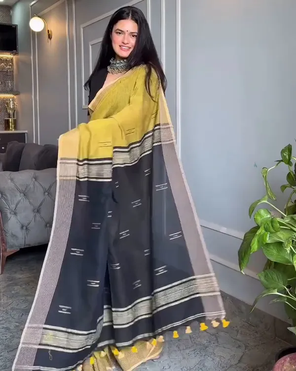 Sunehri_-_Lemon_Yellow_Linen_Saree_with_Contrast_Black_Blouse