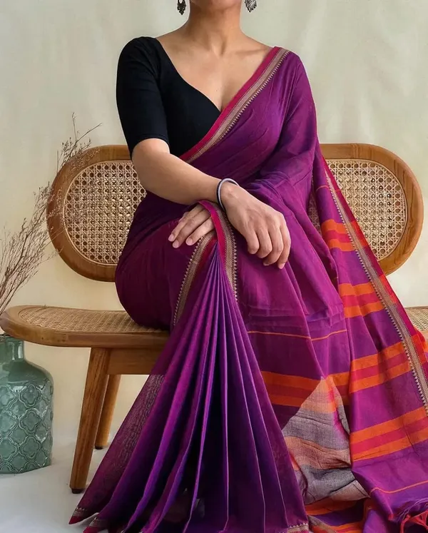 Magenta_Mulmul_Cotton_Saree_with_Contrast_Orange_Striped_Pallu_&_Blouse